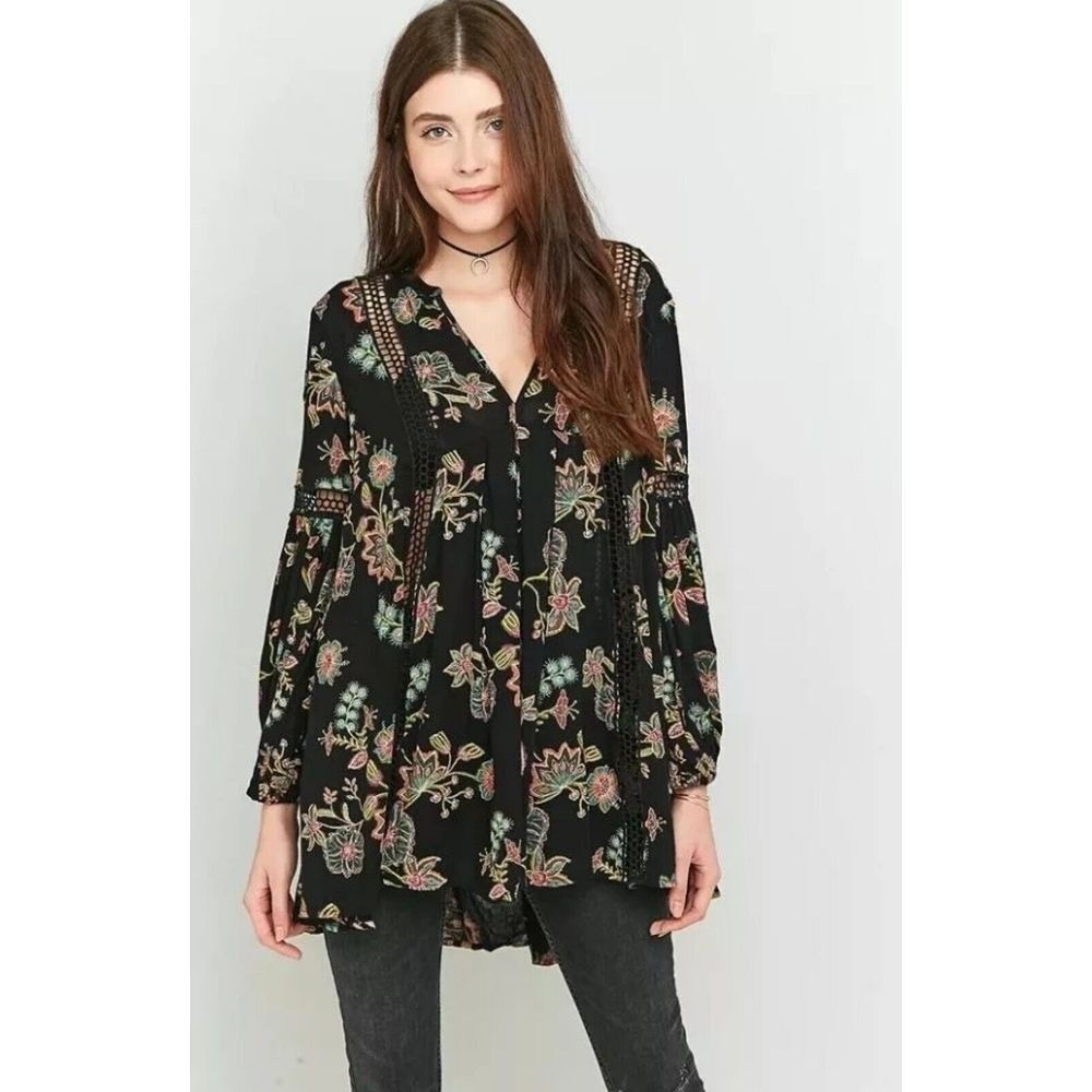 Free People Just The Two Of Us Tunic S Black Floral Boho Cottage Festival Whimsy